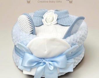 Newborn Baby Blue Nappy Cake Hamper: Soft Blanket, Hat & Booties