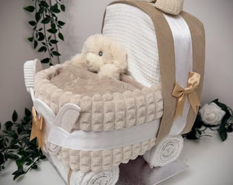 Beige Nappy Cake Pram: Baby Shower Gift Hamper with puppy