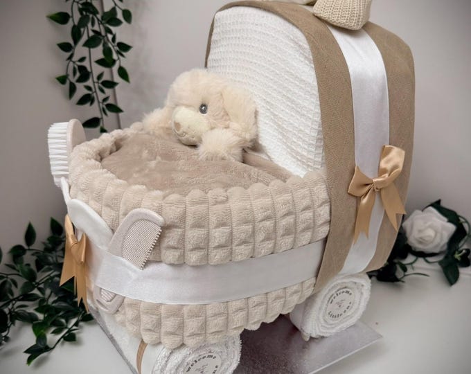 Beige Nappy Cake Pram: Baby Shower Gift Hamper with puppy
