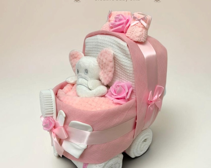 Nappy Cake Pram: Baby Shower Gift Hamper, Baby Girl, Rose Pink Colour