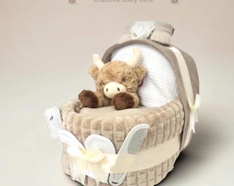 Luxury Beige Nappy Cake Crib: Personalised Baby Shower or Maternity Leave Gift Hamper, Highland Cow