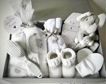 Baby Gift Hamper Box, baby shower gift in a magnetic close keepsake box. Practical baby items for a newborn Grey and white