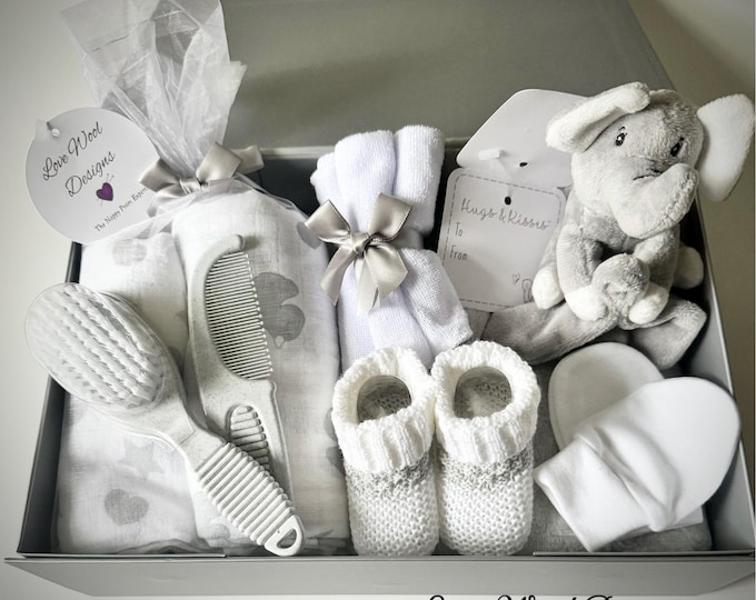 Baby Gift Hamper Box, baby shower gift in a magnetic close keepsake box. Practical baby items for a newborn Grey and white