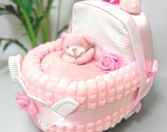 Baby Pink Nappy Cake Pram: Baby shower gift, newborn hamper