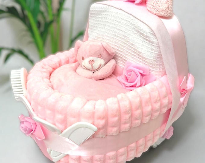 Baby Pink Nappy Cake Pram: Baby shower gift, newborn hamper