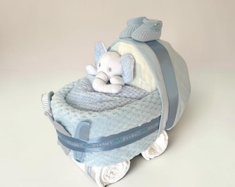 Nappy pram with elephant comforter, snuggly waffle blanket and  "its a boy" or "its a girl" detail