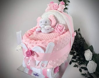 Baby Girl Nappy Cake Pram with sumptuous soft blanket and comforter