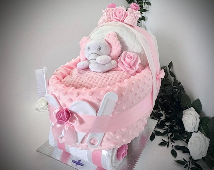 Pink Nappy Cake Pram with sumptuous soft blanket and comforter