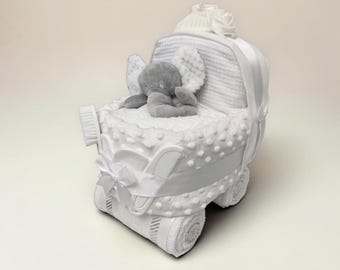 Nappy Cake Pram: White baby shower gift hamper