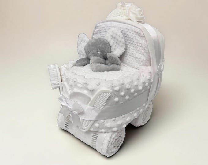 Nappy Cake Pram: White baby shower gift hamper