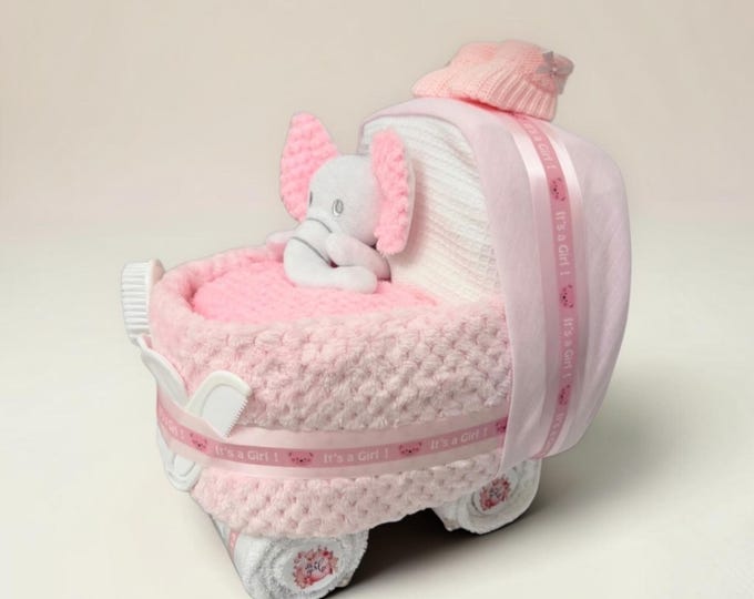 Pink Nappy Cake Pram: Baby Girl Shower Gift Hamper