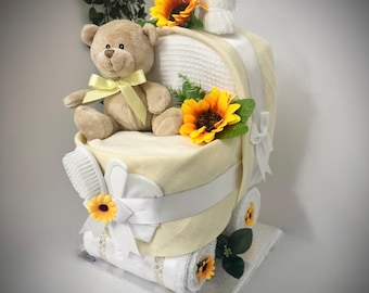 Nappy Cake Pram, unisex, baby shower, maternity leave, newborn baby hamper, new grandchild gift, baby boy baby girl, gift tag available.