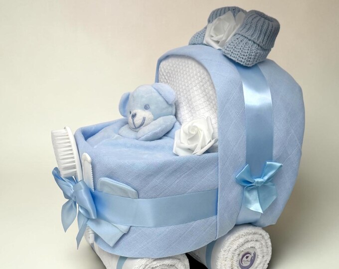 Blue Nappy Cake Pram: Baby Shower Newborn Hamper, Cotton Muslins
