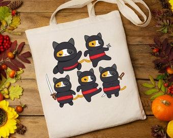Funny Cat Tote Bag for Cat Lover gift for Ninja Cats Tote Bags Samurai Cats Bags for Kitty Mom gifts for Cat Dad Funny gifts for Friend