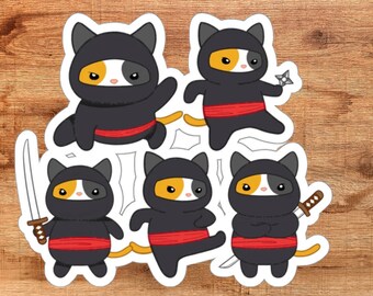 Funny Cat Sticker Ninja Cats Sticker for Cat Lovers gift for Cat Lover gifts for friend gift, Cute Cat Stickers Samurai Kitty Cat