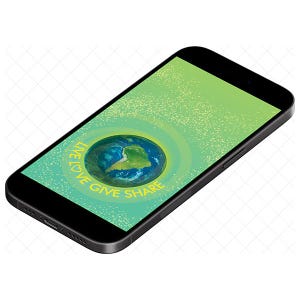 May include: A black smartphone with a green screen displaying a globe with the text "Live Love Give Share" in yellow.