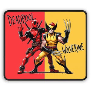 May include: A red and black Deadpool character and a yellow Wolverine character stand side-by-side. Deadpool is giving a thumbs up and Wolverine is holding out his claws. The background is split in half, red on the left and yellow on the right. The text "DEADPOOL" is written in black on the red background and "WOLVERINE" is written in black on the yellow background.