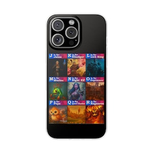 Puede incluir: Funda de teléfono negra con una cuadrícula de imágenes y texto. Cada imagen representa un personaje de un juego de fantasía, con letras de la J a la R. El texto incluye nombres de personajes como Jaina, Khadgar y Lich King.