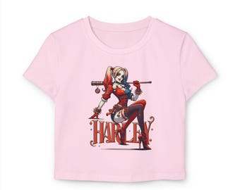 HARLEY PIN-UP Schönes T-Shirt, Crop Top Comic Style Shirt, süßes Bösewicht-T-Shirt für Frauen, weiches, tailliertes T-Shirt für Cosplay, Geschenk und Geek-Mode