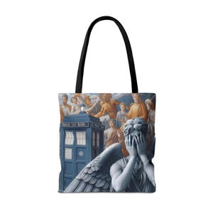 WEEPING ANGEL Exclusive Tote Bag, Gift for Fans of The Doctor, Artistic and Stylish DW Bag, The Doctor Blue Box and Weeping Angels Tote Bag