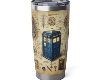 EL SUEÑO DE DA VINCI Increíble vaso de 20 oz, El Doctor Pretty Blue Box y los bocetos de Da Vinci, regalo Whovian perfecto Hermoso vaso exclusivo