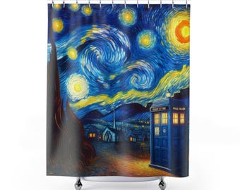 VINCENT and THE DOCTOR Beautiful Shower Curtains, Exclusive The Doctor and Van Gogh Shower Curtain, Starry Night and Dwho Blue Box Curtains