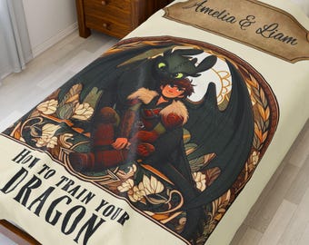 Personalized DRAGON RIDER and His Lovely Dragon Velveteen Plush Blanket, Custom Name, Exclusive HTTYD Cozy Blanket, Beautiful Httyd Blanket
