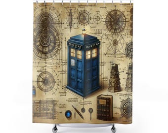 DA VINCI&#39;S DREAM Absolutely Beautiful Shower Curtains, Amazing Exclusive Dw Blue Phone Box Shower Curtains, Original Impressive Dwho Design