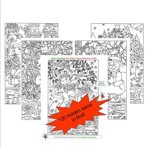 May include: A black and white printable Christmas-themed hidden picture puzzle with 120 items to find. The puzzle features a snowman, a Christmas tree, and a winter scene. The text "Merry Christmas from Hidden Picture Puzzles by Liz Ball" is at the top of the page.