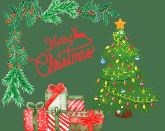 May include: A watercolor illustration of a Christmas tree decorated with lights, ornaments, and a star on top. The tree is surrounded by a wreath of holly and evergreen branches. The words "Merry Christmas" are written in red cursive lettering. There are also several wrapped gifts with red and green ribbons.