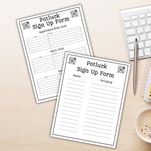 Può includere: Due moduli di iscrizione per potluck su carta bianca con testo nero e grafiche a linee. Un modulo è suddiviso in antipasti, contorni, piatti principali e dessert. L'altro modulo presenta un semplice elenco con colonne per nome.