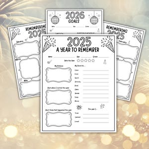 May include: A collection of black and white printable pages for journaling and goal setting. The pages include prompts for the years 2025 and 2026, with sections for hobbies, favorites, and memories. The design features celebratory confetti and fireworks.