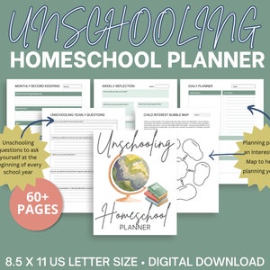 Puede incluir: Un planificador de escuela en casa imprimible digital con el título "Unschooling Homeschool Planner". El planificador incluye páginas para el registro mensual, la reflexión semanal, la planificación diaria y un mapa de burbujas de interés infantil. El planificador mide 8,5 x 11 pulgadas y es una descarga digital.