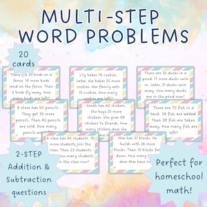 Puede incluir: Un conjunto de 20 tarjetas de problemas de palabras de varios pasos para la suma y la resta. Cada tarjeta presenta un problema matemático diferente con bordes y texto coloridos. Diseñado para matemáticas en casa.