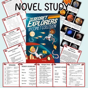 May include: A book titled The Secret Explorers and the Comet Collision by SJ King, surrounded by educational activity sheets including a word search, crossword, true/false, multiple choice, fill-in-the-blank, and vocabulary lists about space.