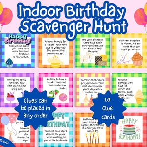 Indoor Birthday Scavenger Hunt For Kids, Birthday Treasure Hunt, Birthday Party Game, Indoor Birthday Treasure Hunt Clues, Birthday Clues