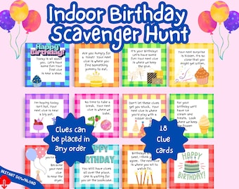 Indoor-Geburtstags-Schnitzeljagd für Kinder, Geburtstags-Schatzsuche, Geburtstagsparty-Spiel, Indoor-Geburtstags-Schnitzeljagd-Hinweise, Geburtstags-Hinweise