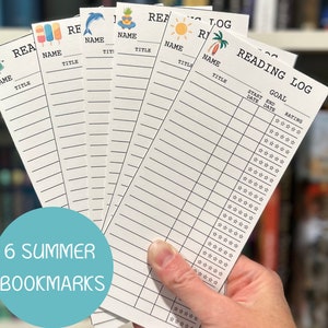 May include: Six summer-themed reading log bookmarks with colourful illustrations. Each bookmark has a space for the reader's name, the book title, and a rating system. One bookmark has a reading log with spaces for the start and end dates.