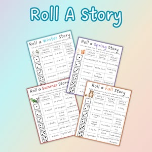 May include: Four colorful story-telling game cards with the text "Roll A Story". Each card features a different season: Winter, Spring, Summer, and Fall. Each card has a grid with character, setting, and problem prompts.