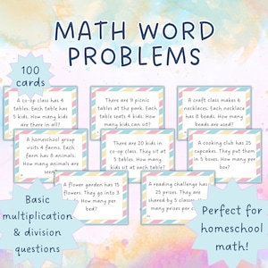 May include: A set of 100 math word problem cards for basic multiplication and division questions. The cards feature colorful borders and various word problems, perfect for homeschool math.