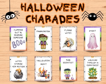 May include: Halloween Charades game cards with illustrations of a ghost, witch, Frankenstein, and other Halloween-themed images. The cards have text such as "Jumping Out & Scaring Someone" and "Halloween Night". The background is a wooden surface.