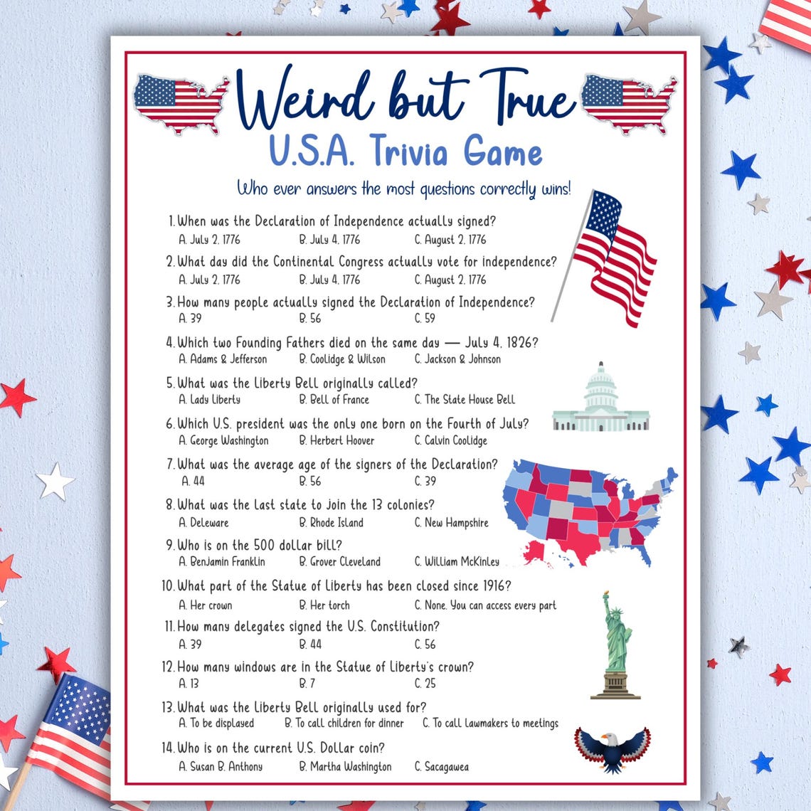 4th of July Trivia Game USA Trivia Quiz 4th of July Activity Printable ...