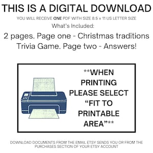 Pu&ograve; includere: Documento scaricabile digitalmente con testo: "QUESTO &Egrave; UN DOWNLOAD DIGITALE". Include un gioco a quiz natalizio. Il documento misura 21,6 x 27,9 cm. L'immagine mostra anche una stampante con il testo: "DURANTE LA STAMPA, SELEZIONARE 'ADATTA ALL'AREA STAMPABILE.'"
