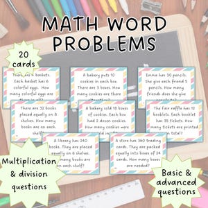 May include: A collection of 20 maths word problem cards for multiplication and division, with basic and advanced questions. The cards feature a chalkboard background, pastel borders, and text.