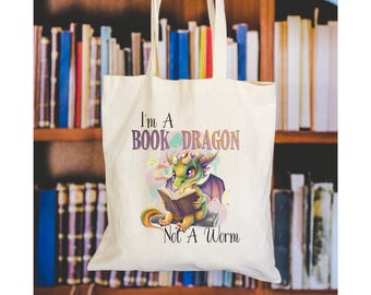 Borsa tote Bookdragon per bibliotecari, regalo per club di lettura per amanti dei draghi, regalo per lettori, borsa tote Dragon, borsa per libri da lettura Dragon per biblioteca