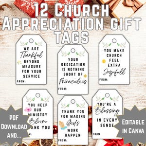 May include: A collection of 12 church appreciation gift tags. Each tag is white with a dove and floral design. The tags feature various messages of gratitude, such as "We are Thankful" and "You're a Blessing". The tags are editable in Canva.