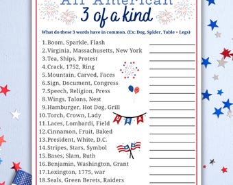 4th of July Trivia Game USA Trivia Quiz American Trivia Party Games Patriotic Trivia Fun Word Puzzles Family Guessing Game 3 of A Kind