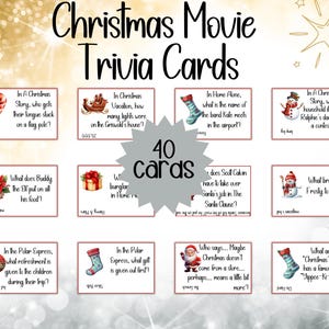 Trivia-kaarten voor kerstfilm, kerstfilmspel, kerstfilmkaarten, kersttrivia, afdrukbare kersttrivia, spel vakantiekantoor