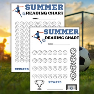 May include: Two printable summer reading charts featuring a soccer player kicking a ball. The charts have a space for a name, a grid of soccer balls to color in, and a reward section. The reward section on the right chart includes a trophy, stars, and a soccer goal.
