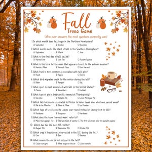 May include: A fall-themed trivia game with the word "Fall" in orange script at the top. The game includes questions about the season, with answers in a multiple-choice format. Decorative pumpkins and fall leaves frame the text.